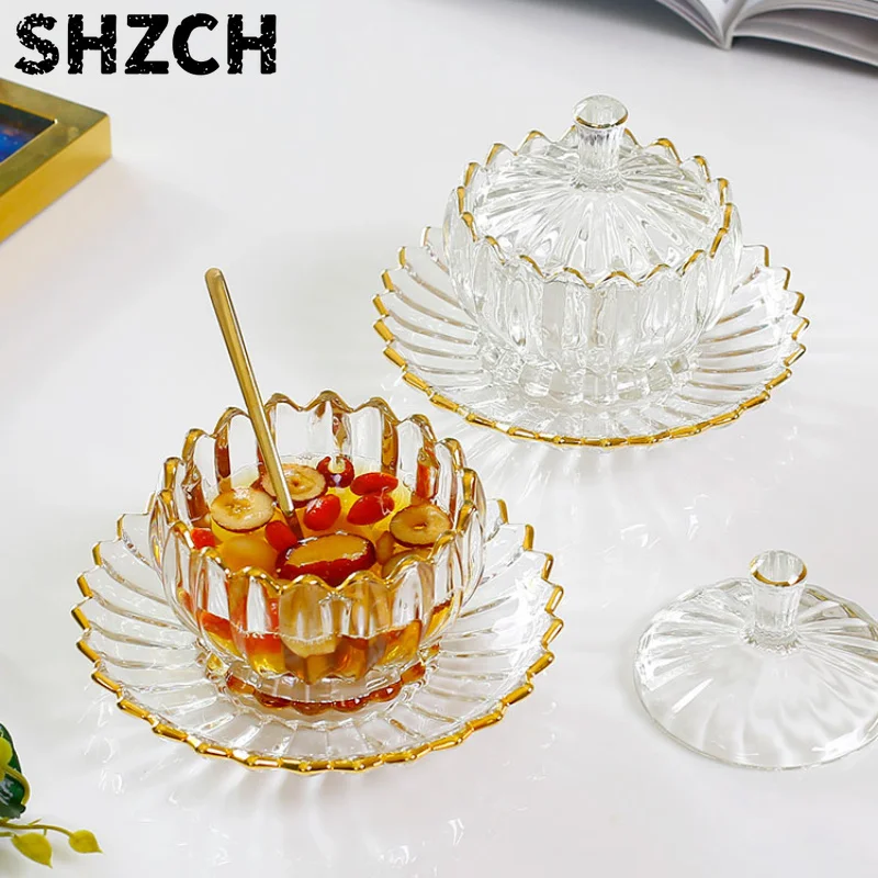 Best Sell Light Luxury Nordic Golden Edged Transparent Crystal Glass Dessert Bowl with Cover Bird's-nest Cup Exquisite Tableware