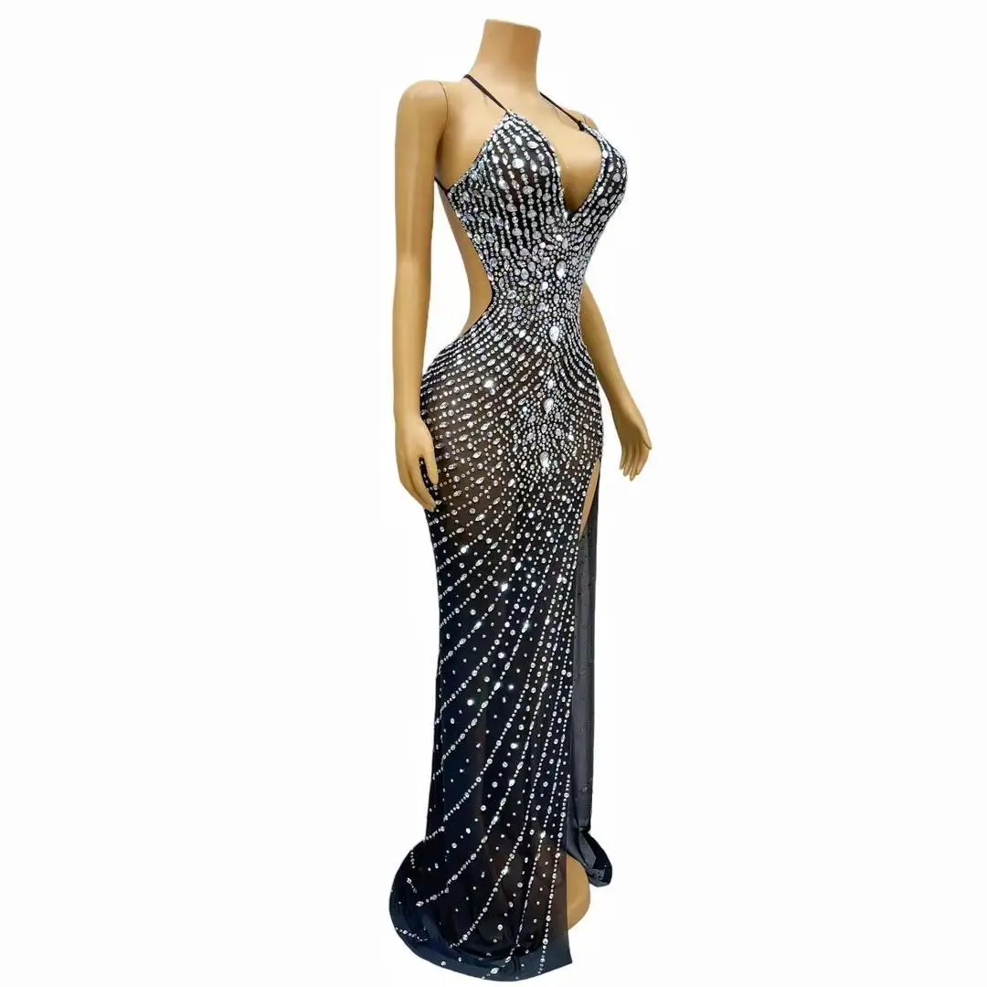 Women's Summer Prom Gowns Fashion Silver Rhinestones High Split Dress Birthday Sexy Backless Dance Outfit Dance Costume Yuehen