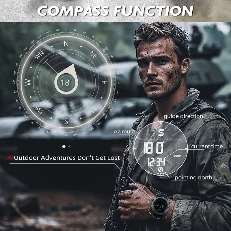 NORTH EDGE TANK 3 Men's Digital Military Watch Outdoor Sports 50M Waterproof with Pedometer Calories Tracker And Compass