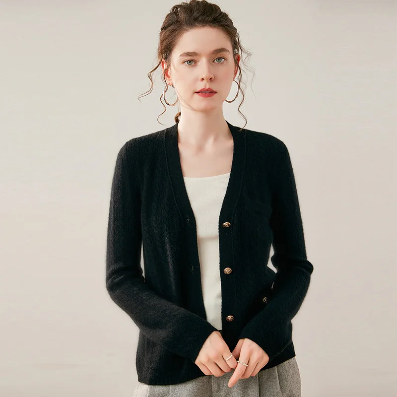 New Women V-neck 100% Cashmere Cardigan Sweater Autumn Winter Soild  Soft Comfort  Elegant Long Sleeve Knit Jackets Office Lady