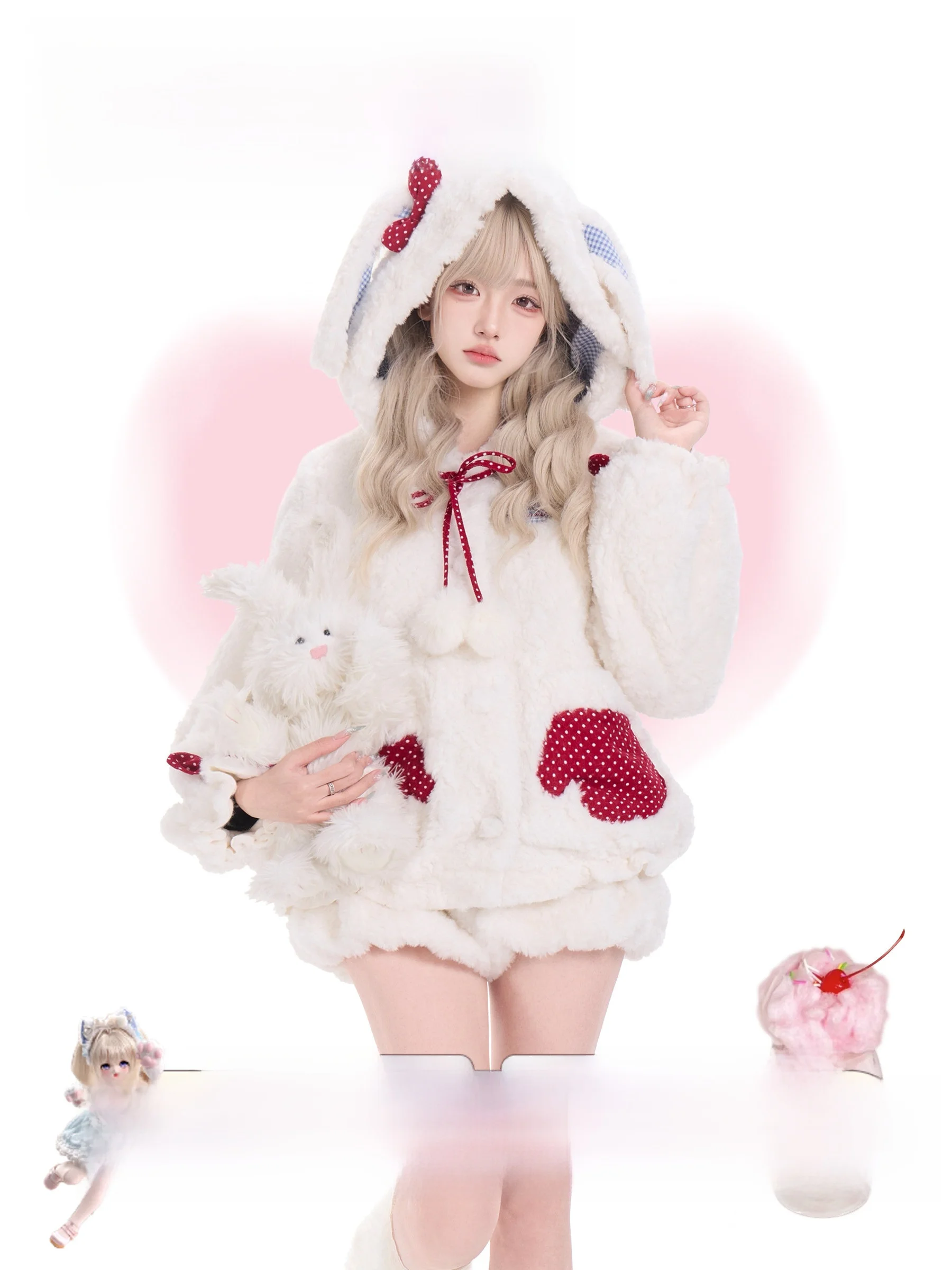 

Girls Coconut Spring Plaid Fluffy Jacket And Shorts Set Standard Fit Long Sleeve Zipper Closure Hooded Knot Design