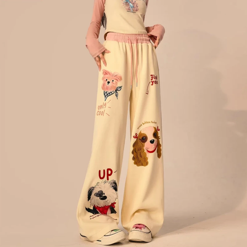 American Style Fashion Spring Autumn Pants Women's Elastic Waist Drawstring Print Pocket Sweet Loose Straight Wide Leg Trousers