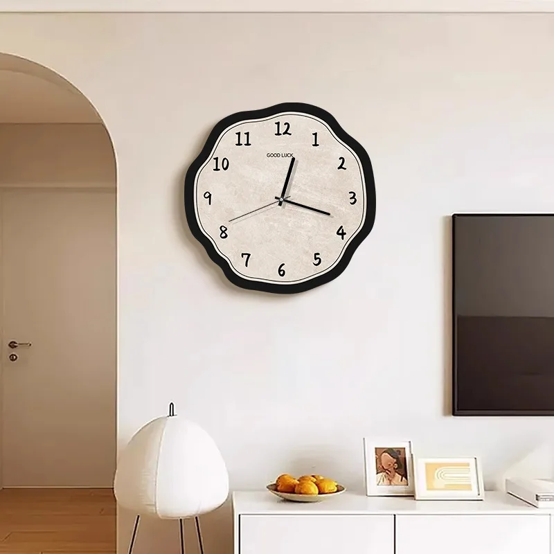 Silent Non-Ticking Quartz Wall Clock Nordic Minimalist Irregular Wavy Edge Beige Black Frame Aesthetic Hanging Clock For Living