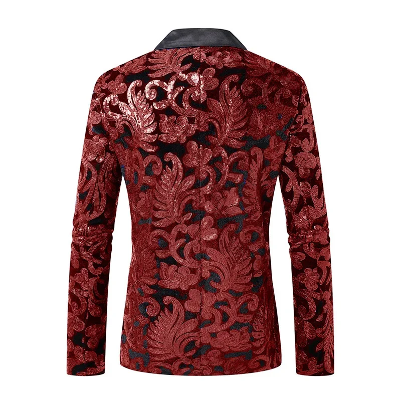 

New men's luxurious red sequined suit jacket, black satin lapel European size, perfect for parties and formal occasions