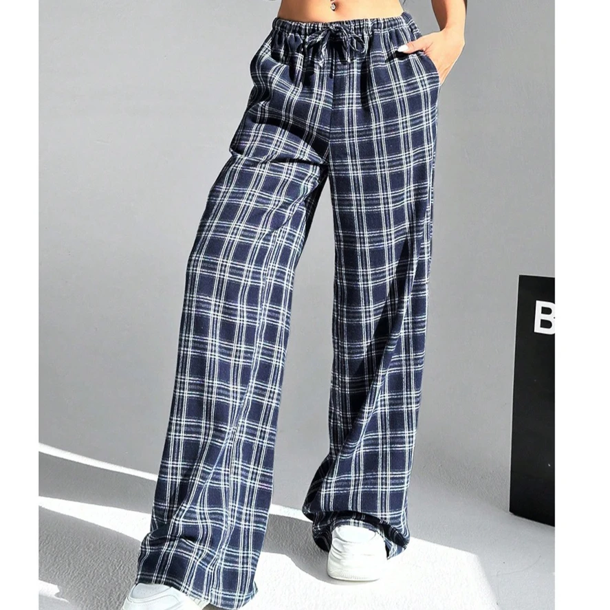 

Long Pant Women Wide Leg Pants Casual Loose Plaid Elastic Waist Lace Up Straight Trousers Y2k Streetwear Elegant Capris 2025