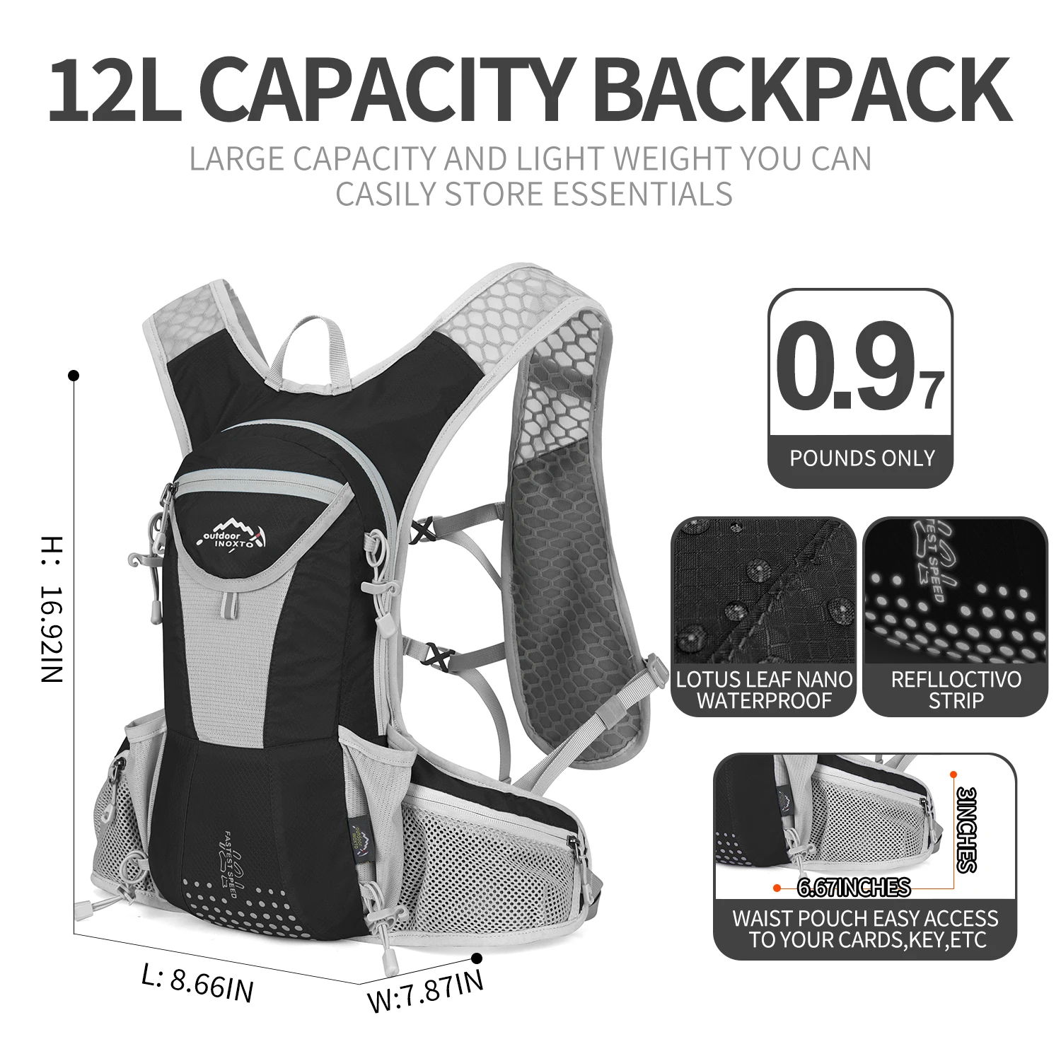 Zaino per Idratazione da 12L, Zaino da Ciclismo, Gilet per Idratazione da Corsa, Adatto per Uomini e Donne, per Trail Running e Alpinismo, 2L