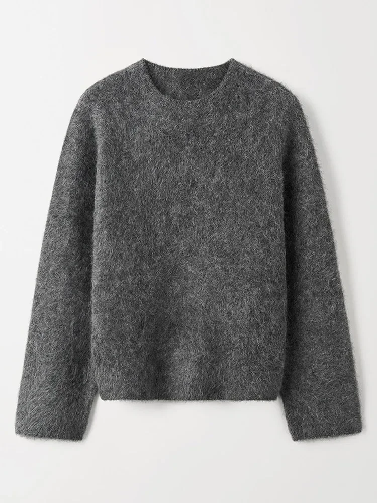 Suéter de punto de Mohair gris para mujer, conjunto de falda de 2 piezas, Jersey recortado de cuello redondo de gran tamaño, trajes de moda, ropa de viaje para mujer