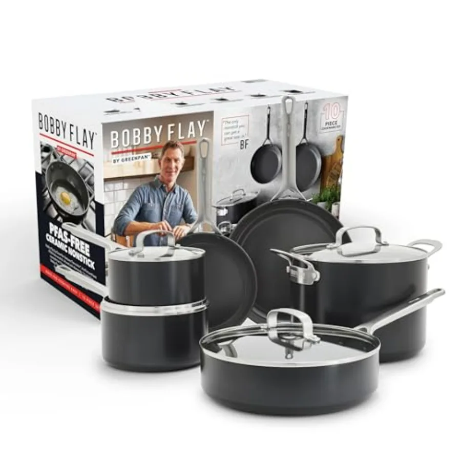 

Hard Anodized Nonstick 10 Piece Cookware Set, PFAS-Free Ceramic Pots & Pans, Induction Suitable, Frypans, Saucepans Saute, Stock