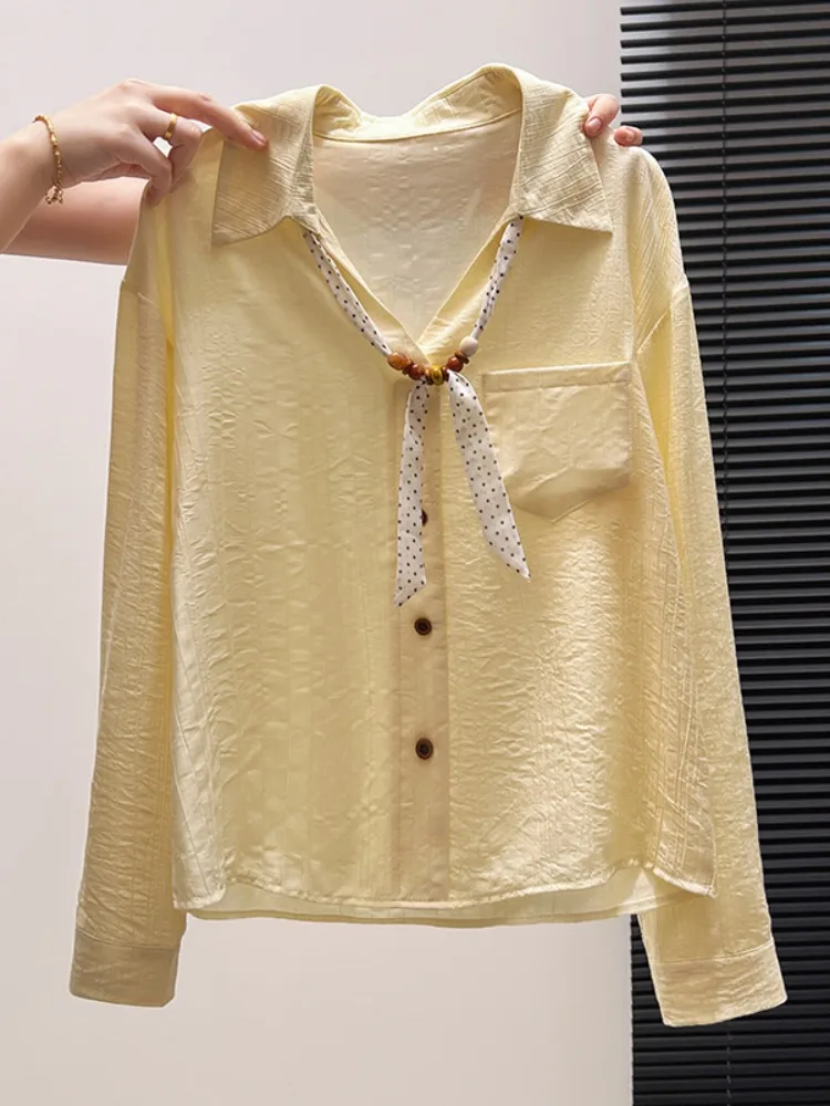 Soft Milk Yellow Texture Long Sleeve Shirt Women's Polka Dot Sash Decorative Pocket Slimming Top Fashion Versatile Loose Fit