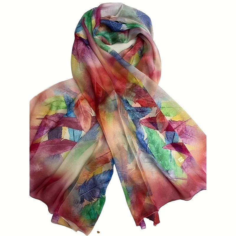 Lightweight 100% Mulberry Silk Chiffon Scarf for Women Oblong Shawl Neck Scarf Beach Wrap Headscarf Gift Pack Multicolor Feather