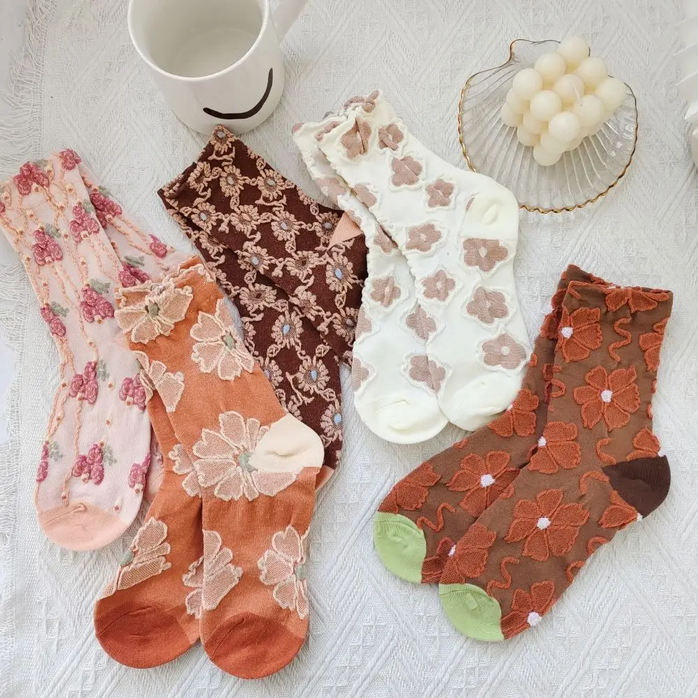 

5Pairs Retro Style Flower Floral Tube Socks Thin Harajuku Girls Mid-calf Socks Hosiery Breathable Sweet Sock Women Female