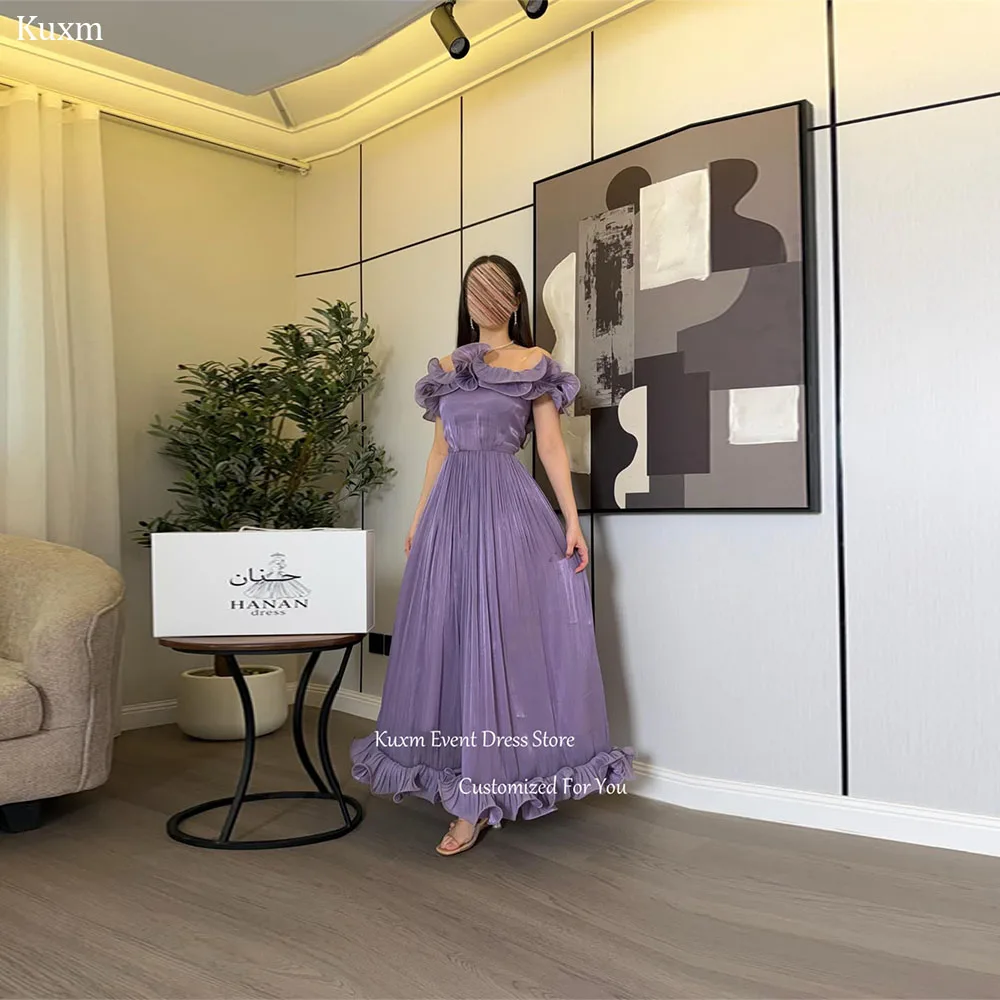 

Kuxm Elegant Purple Strapless A Line Prom Dress Off The Shoulder Shiny Satin Evening Dress Backless Robes De Soirée Customized