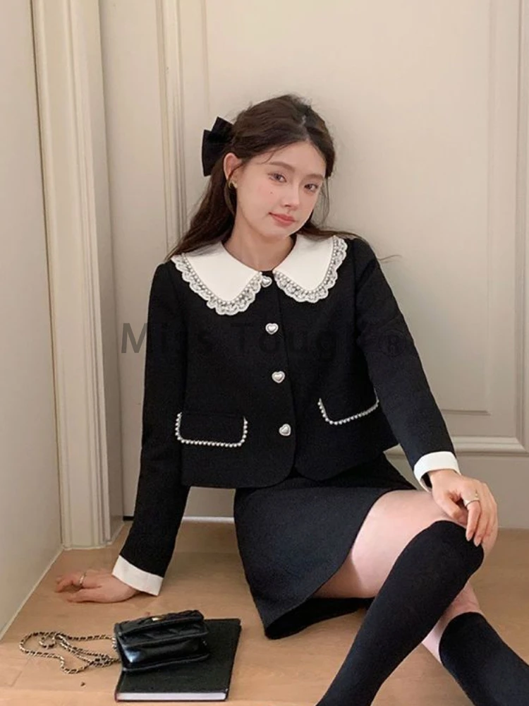 Lace French Vintage Two Piece Set Women Button Korean Fashion Mini Skirts Suit Female Peter Pan Collar Coat + Designe Skirt 2023