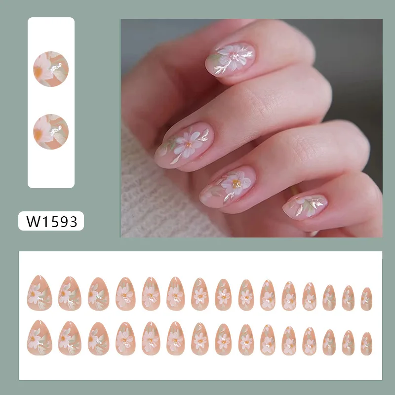 30pcs Short Almond Detachable Flowers Fake Nails Stick-on Nail Tips Finger Medium False Nails Set Cheap Acrylic Press on Nails