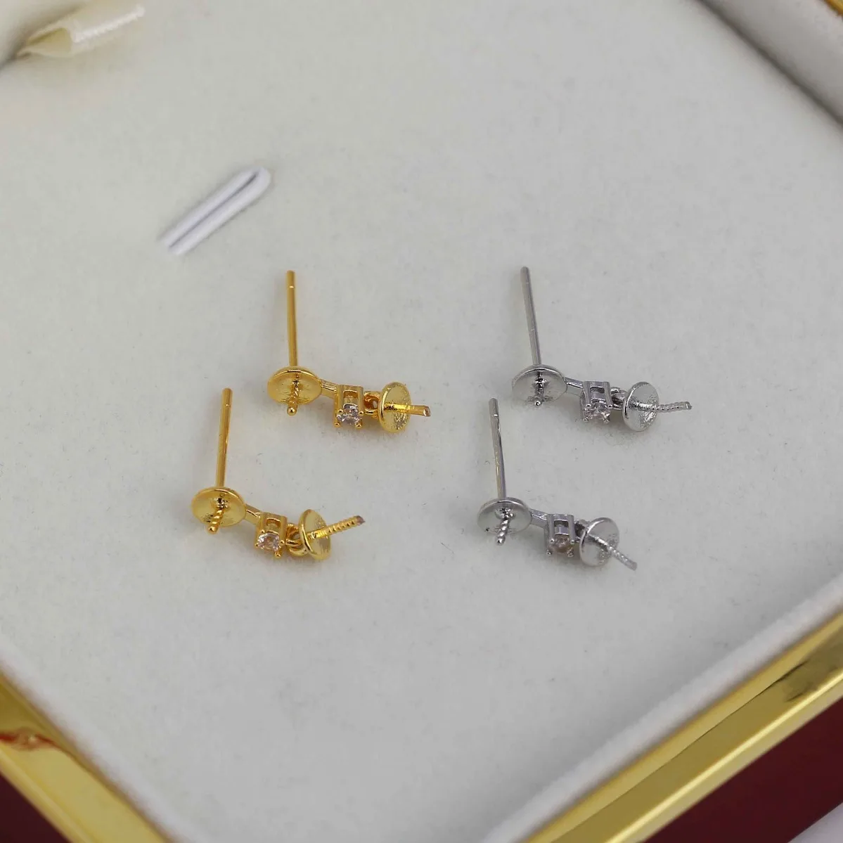 New Brass Gold Plated Minimalist Cubic Zirconia Pearl Earring Blank Setting, Niche Exquisite Versatile DIY Jewelry Findings