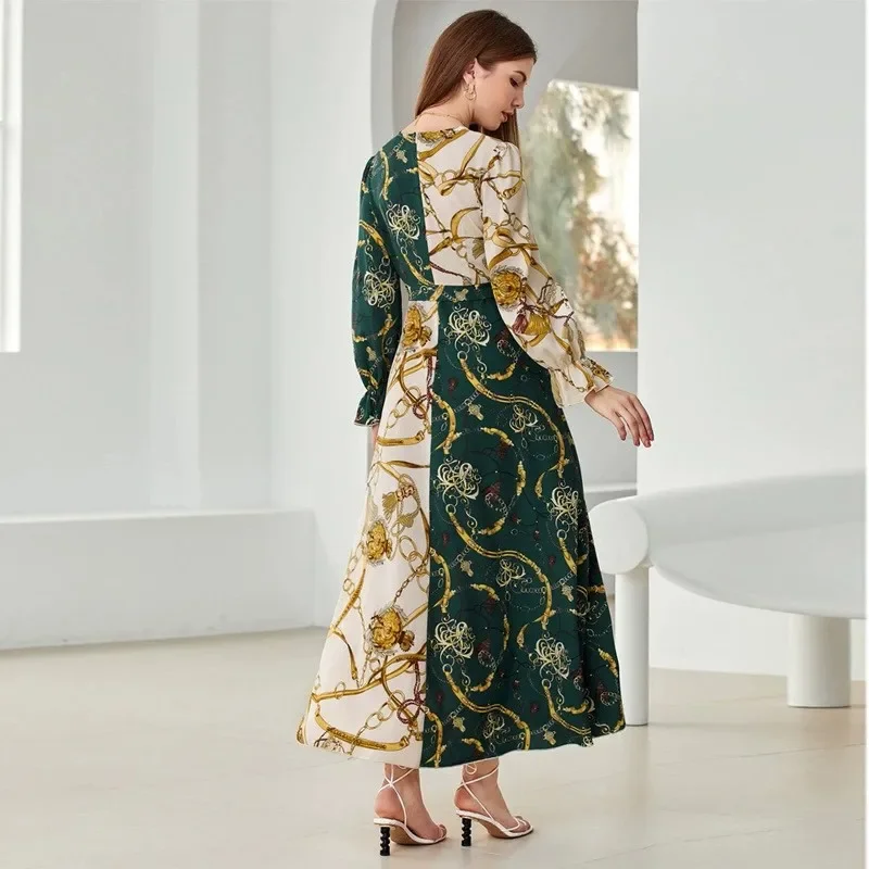 Women Eid Muslim Dresses abaya Long Sleeve V Neck Party Dress elegant Print Vestidos High Street Belt Abayas Dubai maxi robe