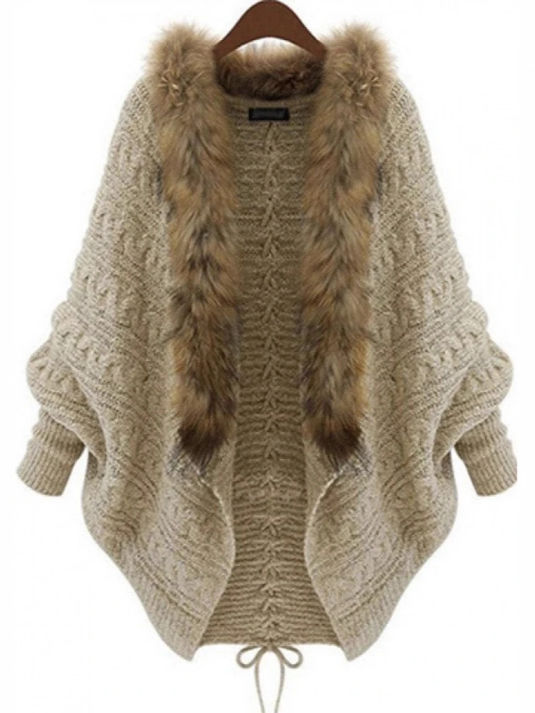 

2025 New American Vintage Cardigan Fur Collar Batwng Sleeve Solid Color Design Sweaters All Match Knit Tops Women's Clothing