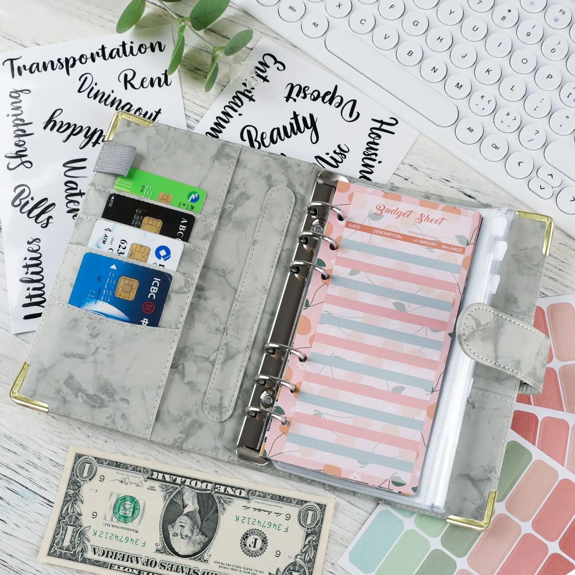 A6 Loose-Leaf Budget Notebook Marble Pattern Notebook Leather PU Planner Loose-Leaf Binder Office Stationery