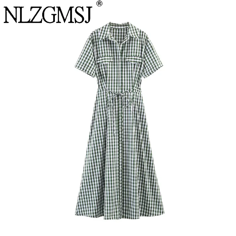 NLZGMSJ 2026 Sommer Hemdkleid für Damen, lässiges, einreihiges Midikleid mit kurzen Ärmeln und Gürtel im Y2K-Stil
