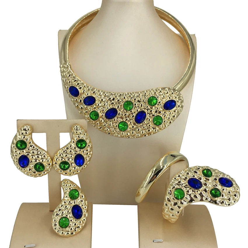 Hot Sale Italian Gold Plated Necklace Earrings Bracelet Ring Elegant Luxury Ladies Christmas Party Wedding Jewelry Set FHK14400