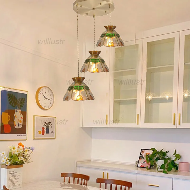 Retro Copper Tulip Pendant Lamp Colored Glass Ceiling Chandelier for Aisle Bar Cafe Hotel Nordic Style Suspension Lighting