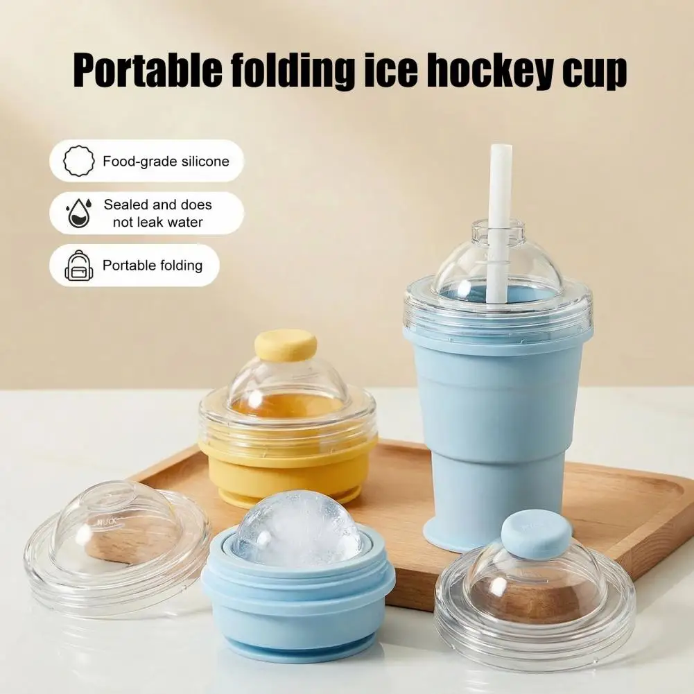 Portable Ice Cube Maker 2-in-1 Collapsible Silicone Ice Ball Maker Cup with Straw Lid Portable Foldable Sphere Ice for Whiskey
