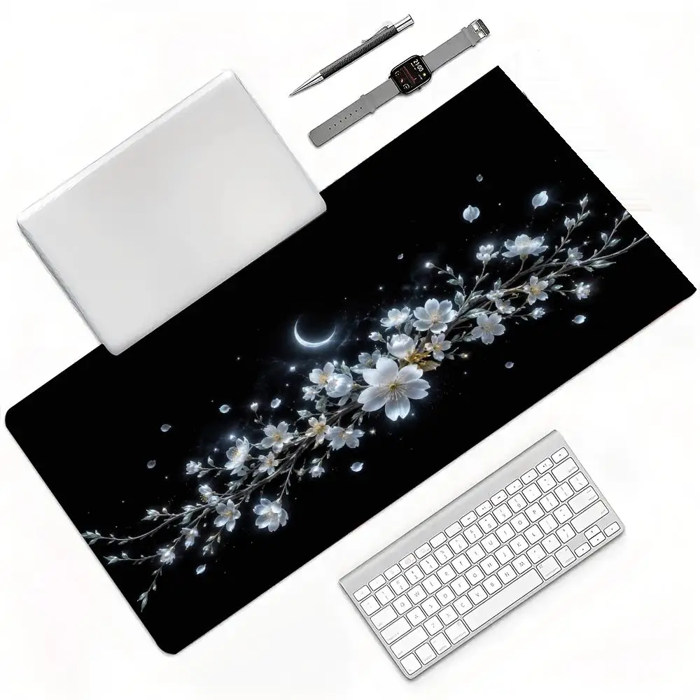 Noble Golden Leaf White Flower Branch Minimalist Black Background Premium Large Gaming Mouse Pad Wear Resistant Desktop Pad