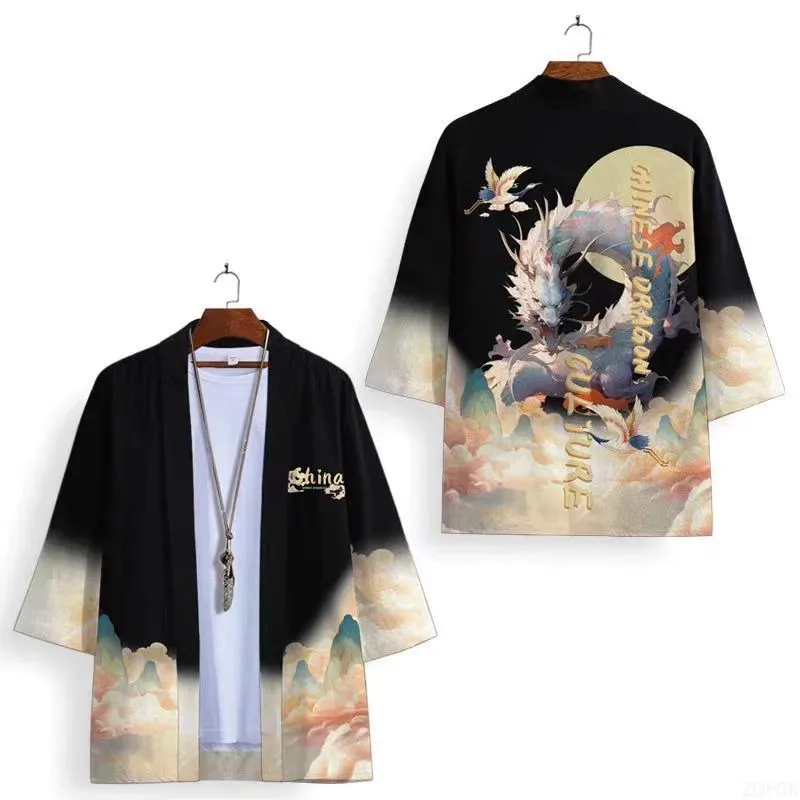 الرجال النساء نفس النمط Ukiyo-e النمط الصيني Longteng Douhe كيمونو فضفاض ثلاثة أرباع كم سترة ثلاثية الأبعاد الرقمية المطبوعة كيمونو
