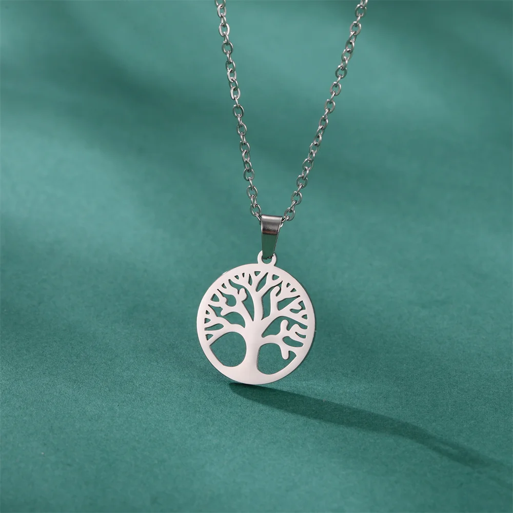 Tree of Life Women Necklace Round Pendant Stainless Steel Necklace Women Elegant Circle Tree Jewelry Wholesale Bijoux Collier