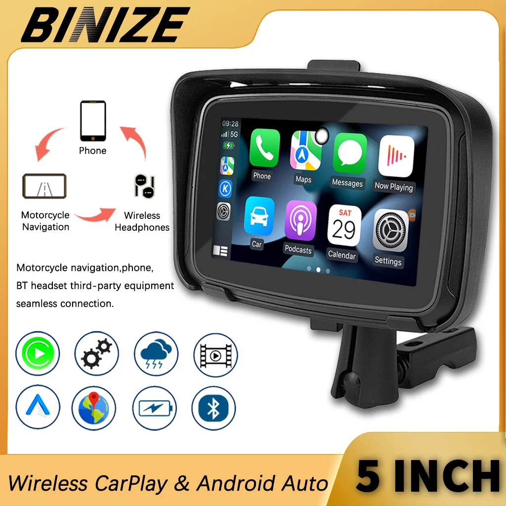 

Binize 5 Inch IPS Touch Screen Portable Motorcycle Navigator Support Wireless CarPlay ＆ Android Auto Waterproof