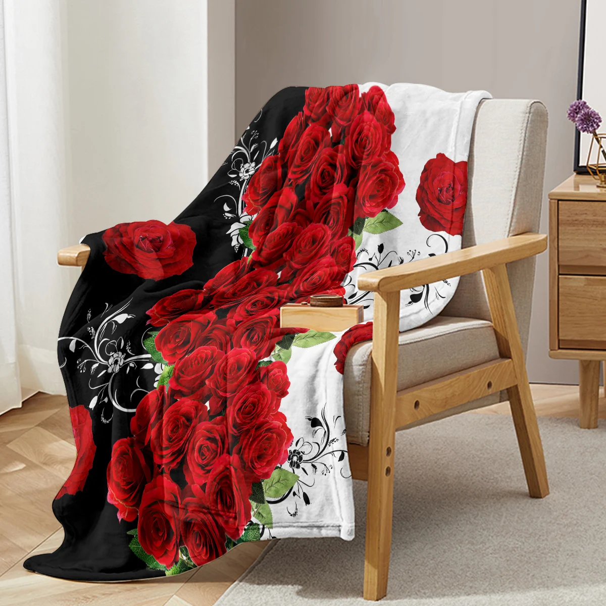 3D Red Roses Floral Blanket Black White Splice Pattern Warm Cozy Soft Throw Blanket for All Season for Couch Sofa Bed