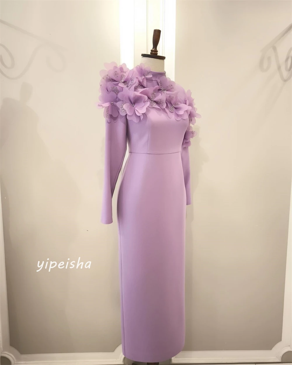 Customized Jersey Flower Pleat Sequined Wedding Party A-line High Collar Bespoke Occasion Gown Midi Dresses