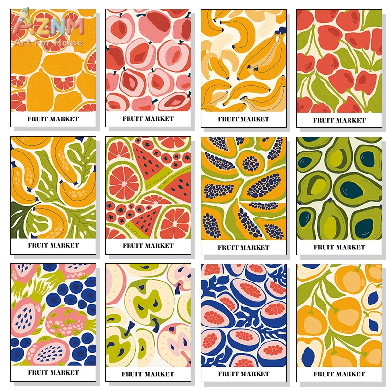 AZNM Fruit Market Canvas Wall Art Colorful Tropical Fruit Illustration Print Frameless Canvas Painting Kitchen Dining Room Decor