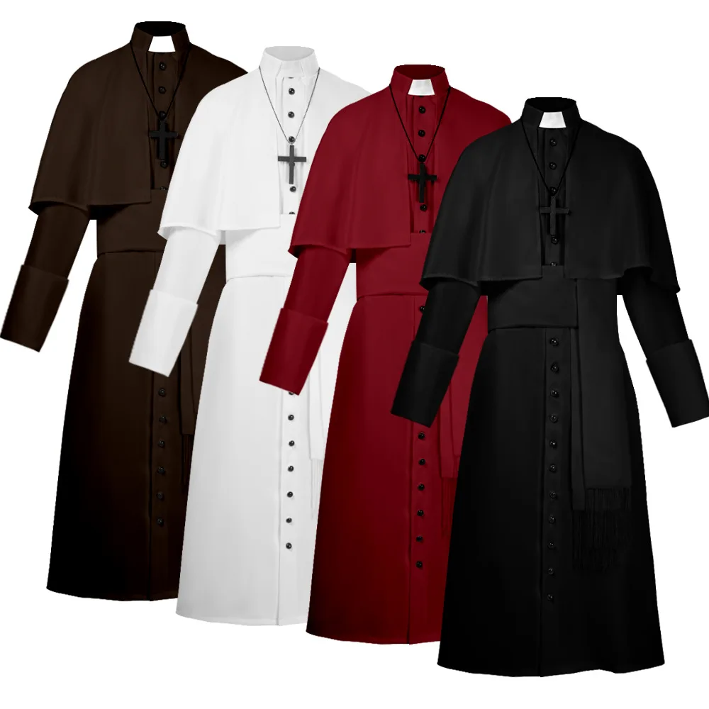 

Medieval Renaissance Retro Priest Cosplay Costumes Catholic Church Religion Papal Priest Mass Preacher Solid Robe Clergy Cassock