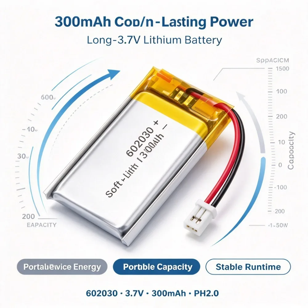 602030 3.7V 300mAh Lithium Polymer Rechargeable Battery PH2.0 Connector LiPo Cell Bluetooth Headset Speaker Self Timer Monitor