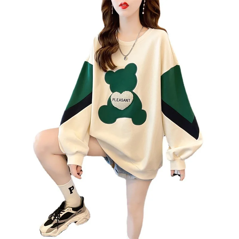 High Quality Hooded Simple Casual Style Hoodies Autumn Loose Color Green Black Beige Bear Pattern Printed Pleasant Letter