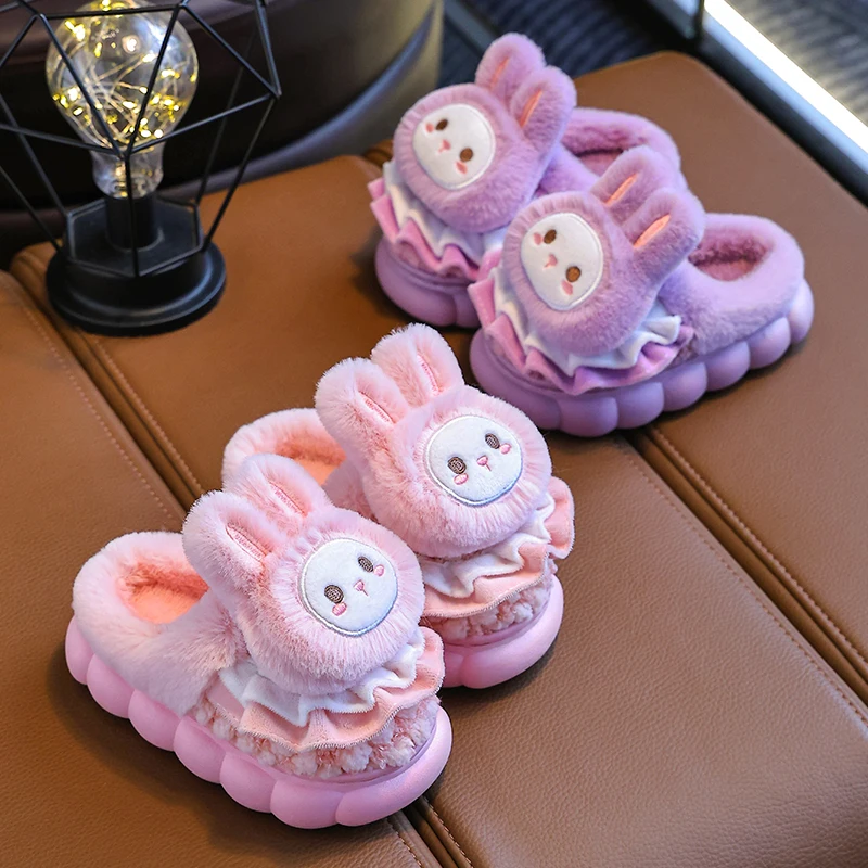 2024 New Winter Warm Cute Rabbit Indoor Closed-toe Mule Soft Non-slip Kids Fluffy Slippers For Girls Children Home Cotton Shoes