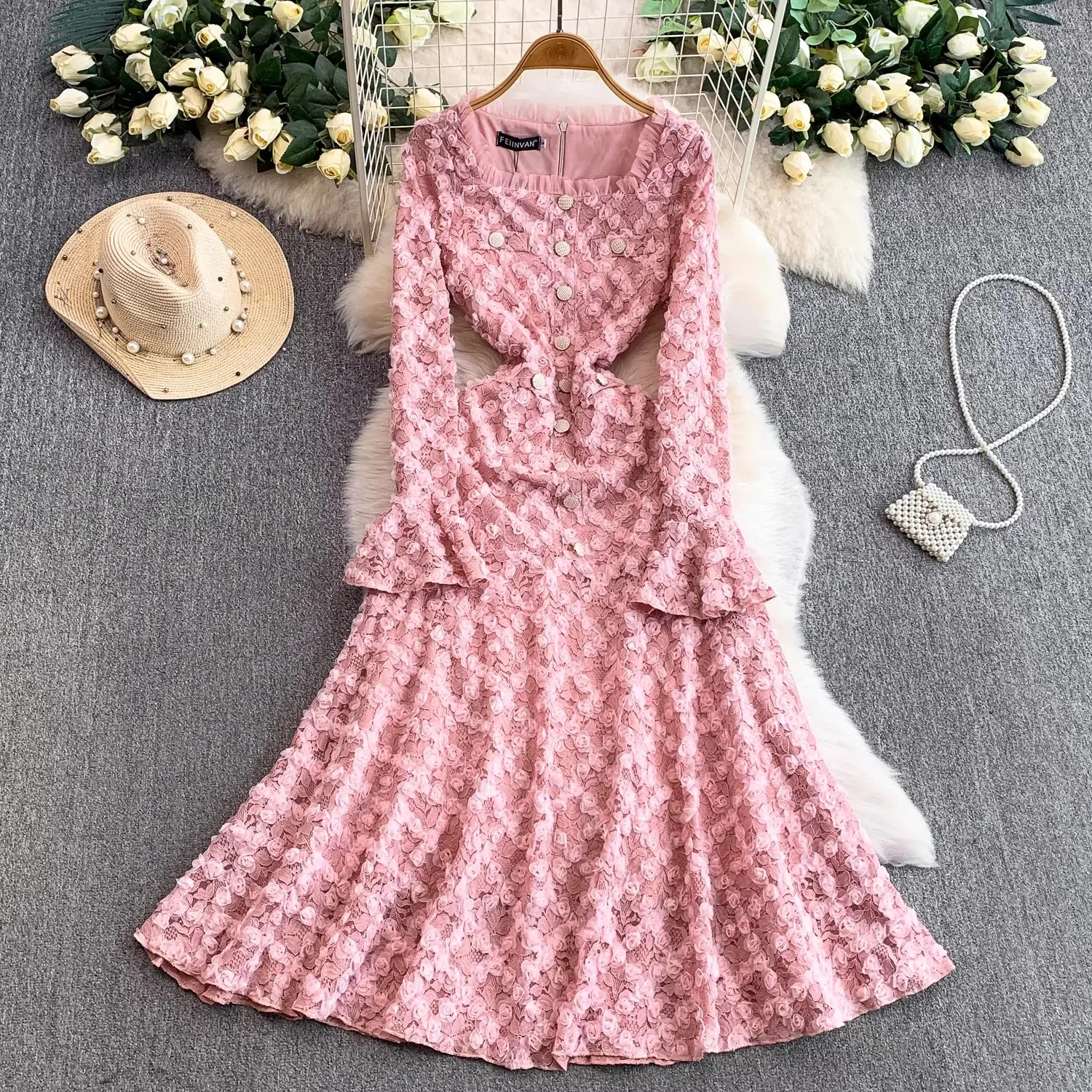 Robe de soirée formelle de luxe en dentelle 3D, motif floral, simple boutonnage, manches longues évasées, ligne a, robes de soirée, automne