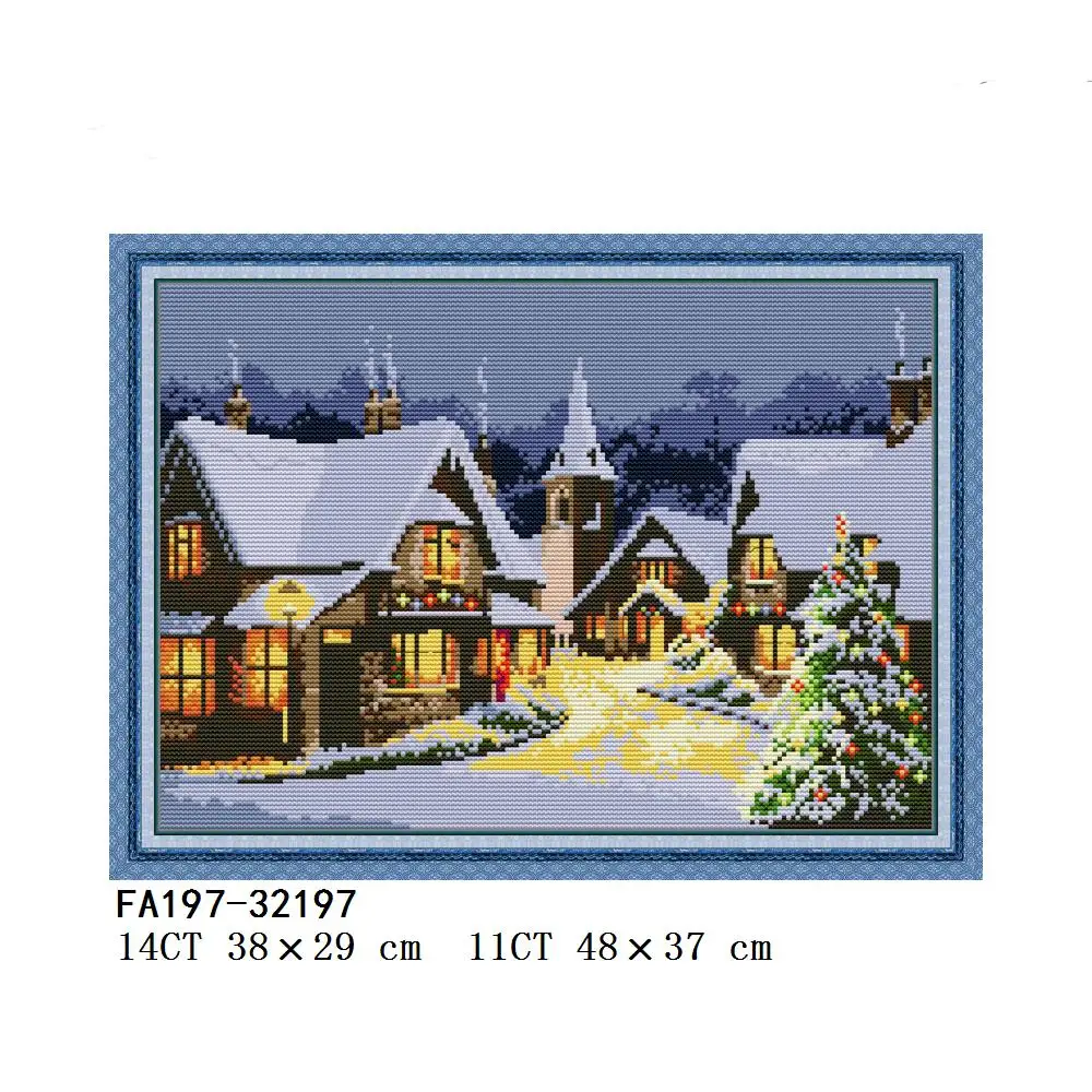 Warm Winter Christmas Eve in Town for Church, Snowy Night, Rural Snow Night, Cross Stitch, FA181, FA197, FA198, FA213, FA216