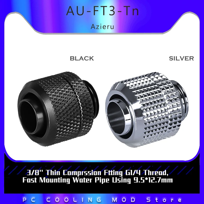 3/8'' Thin Comprssion Ftting G1/4 Thread, Fast Mounting Water Pipe Using 9.5*12.7mm , Black/Silver, 2pcs,AU-FT3-Tn