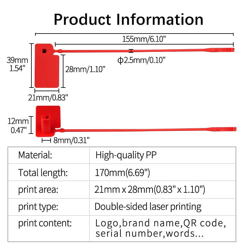 100Pcs Custom Logo Disposable Plastic Security Seals Anti-tamper Hang Tags for Sneaker Clothing Shoes 170mm 6.7\
