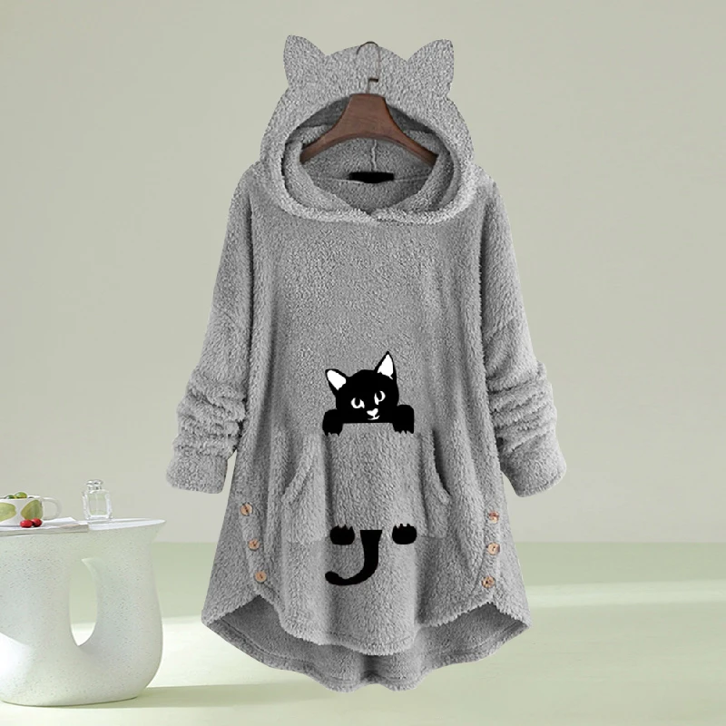 Cartoon Cat Hood Sweatshirt Women Winter Fleece Loose Long Sleeve Pullover Tops Streetwear Casual Hoodies Fluffy Warm Homwear