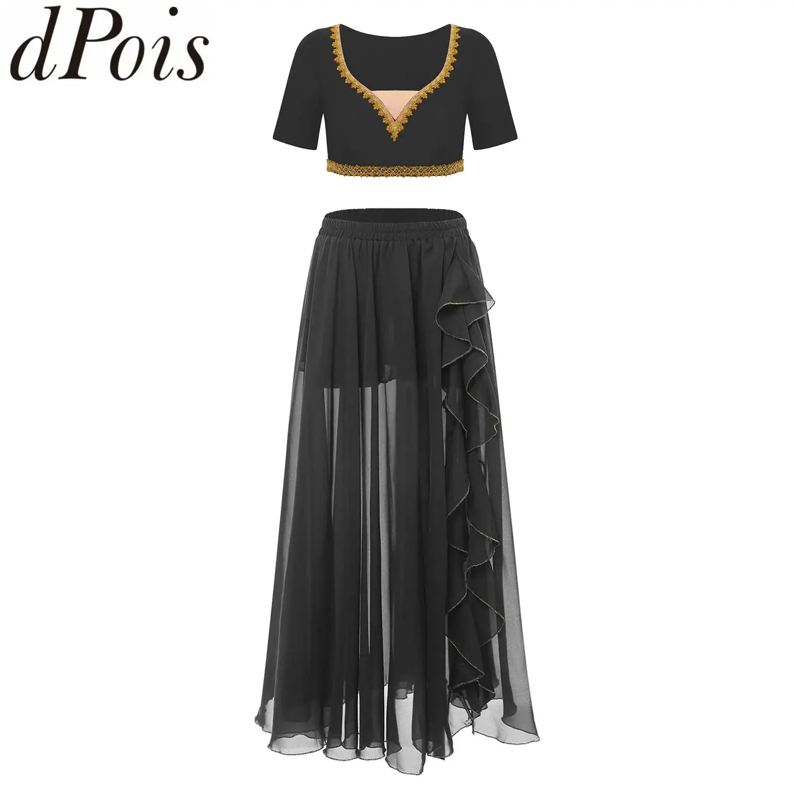 

Women Belly Lyrical Dance Spanish Flamenco Outfits Show Costume Set Short Sleeve Crop Top with Ruffles Side Split Chiffon Skirt
