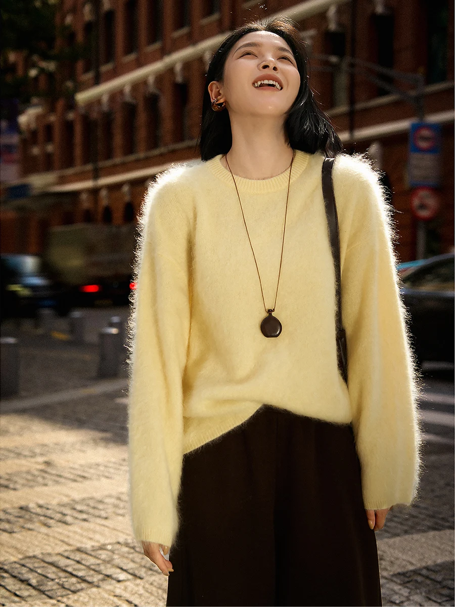 

Белый вязаный свитер Ele с лимонным принтом и эффектом туманной текстуры, с длинными рукавами, для женщин, гарантия тепла