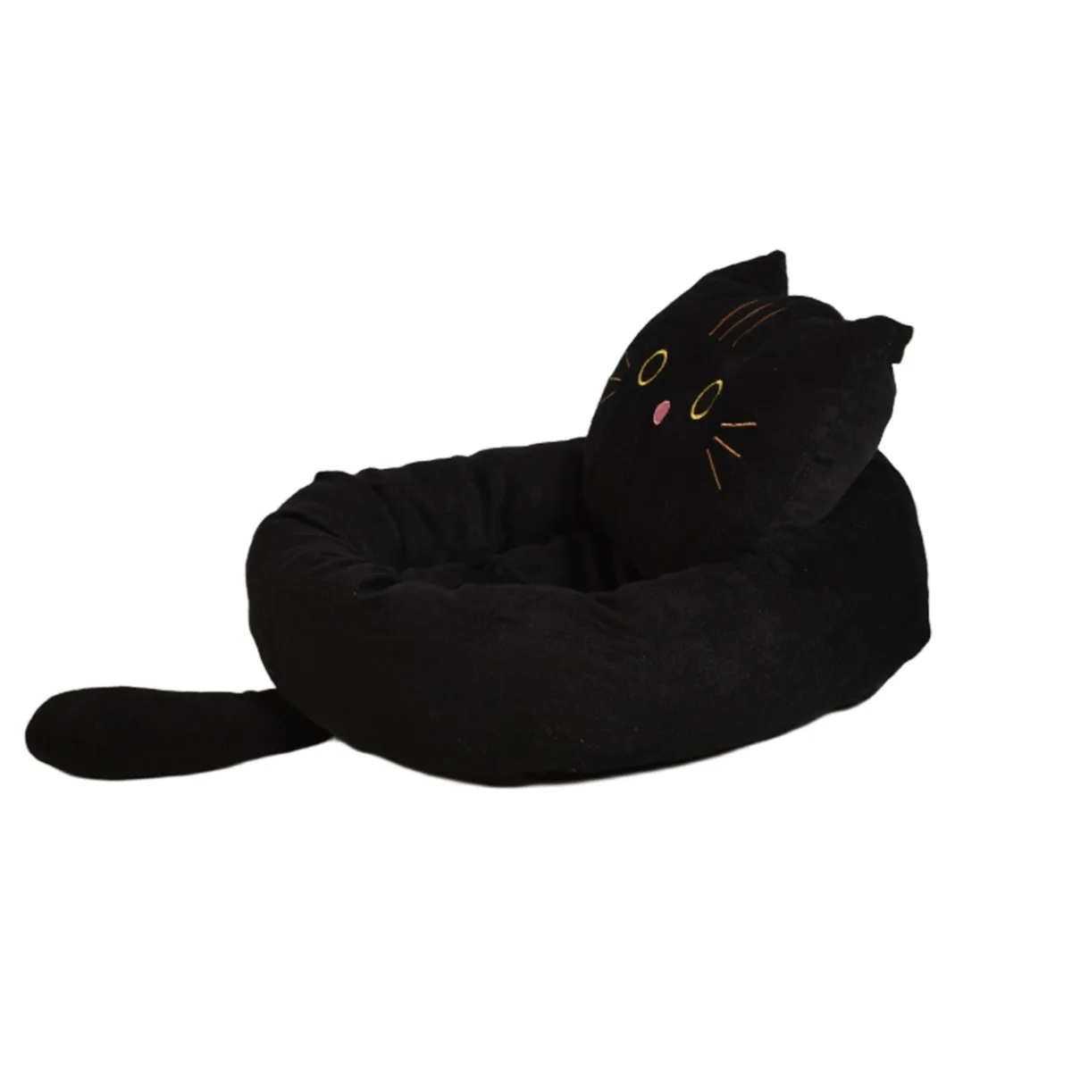 

Black Cat Face Pet Bed Plush Donut With Back Cushion Soft PP Cotton Warm Calming Washable Non Slip Bottom Four Seasons For comfy