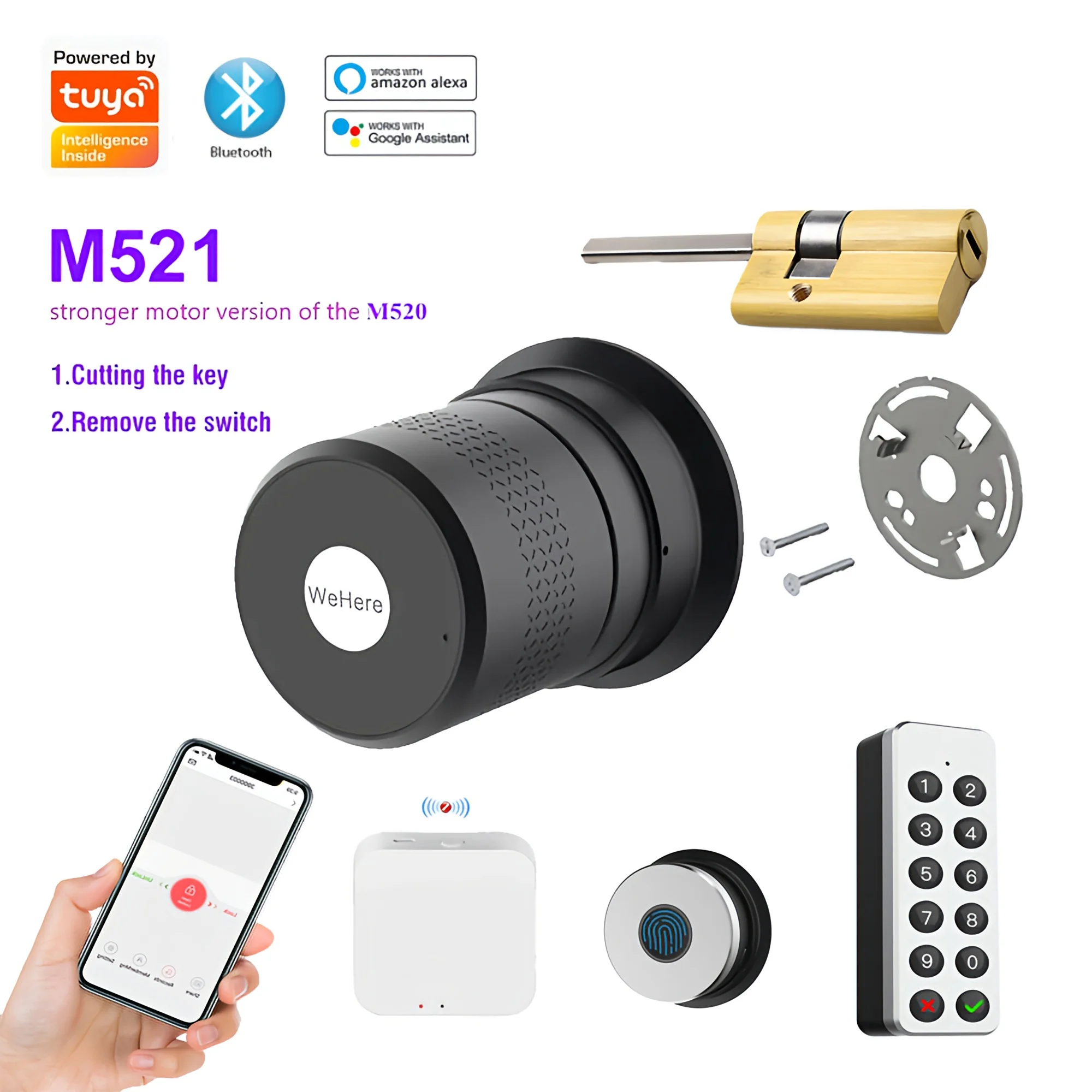 

Wehere M521 Tuya Smart Door Lock Fingerprint Cylinder Bluetooth for 50-100mm Thickess Door Support Alexa Smartlife