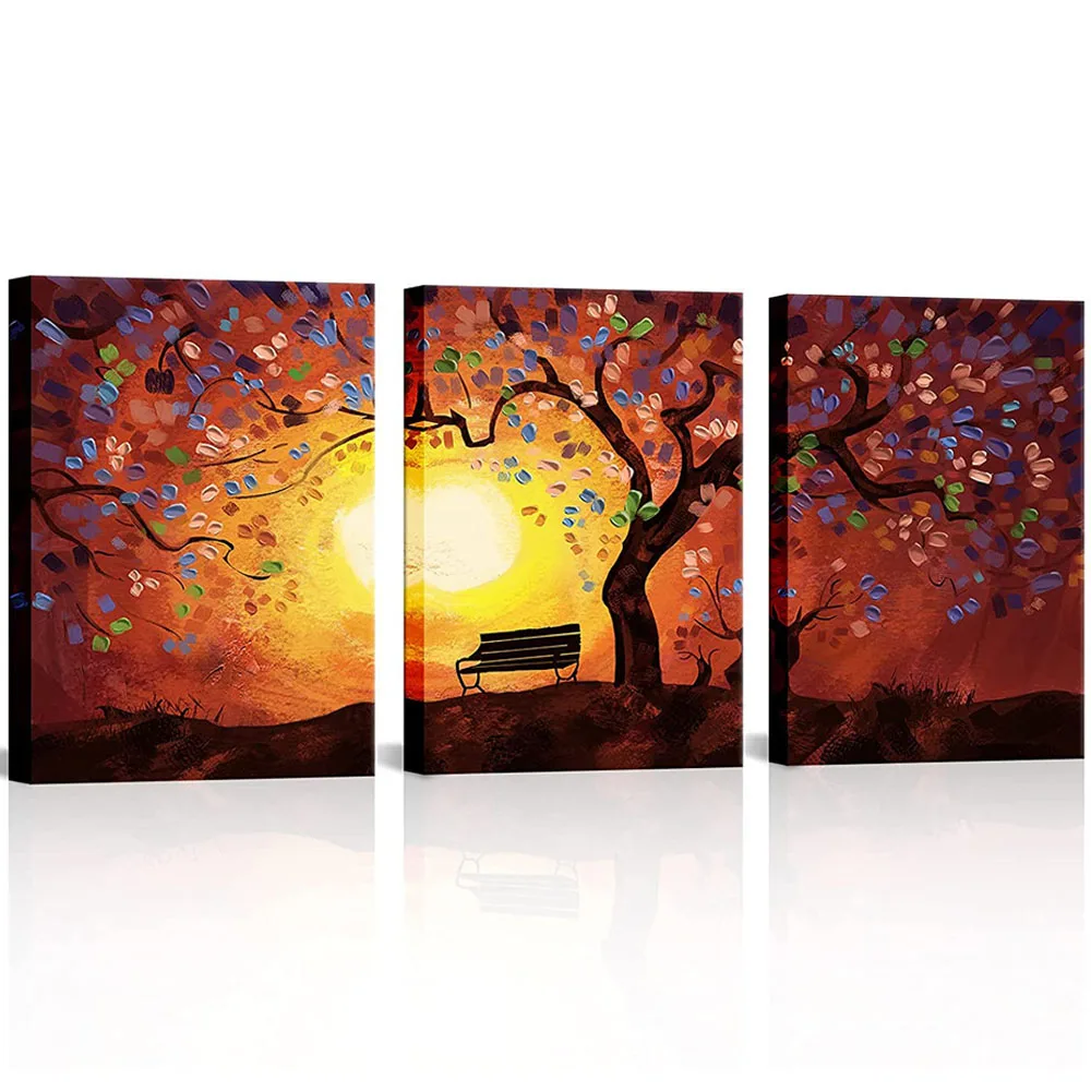 Full Round Square Drill 5D DIY Diamond Painting 3PCS Orange Golden Sunset Flower Tree Embroidery Cross Stitch Mosaic