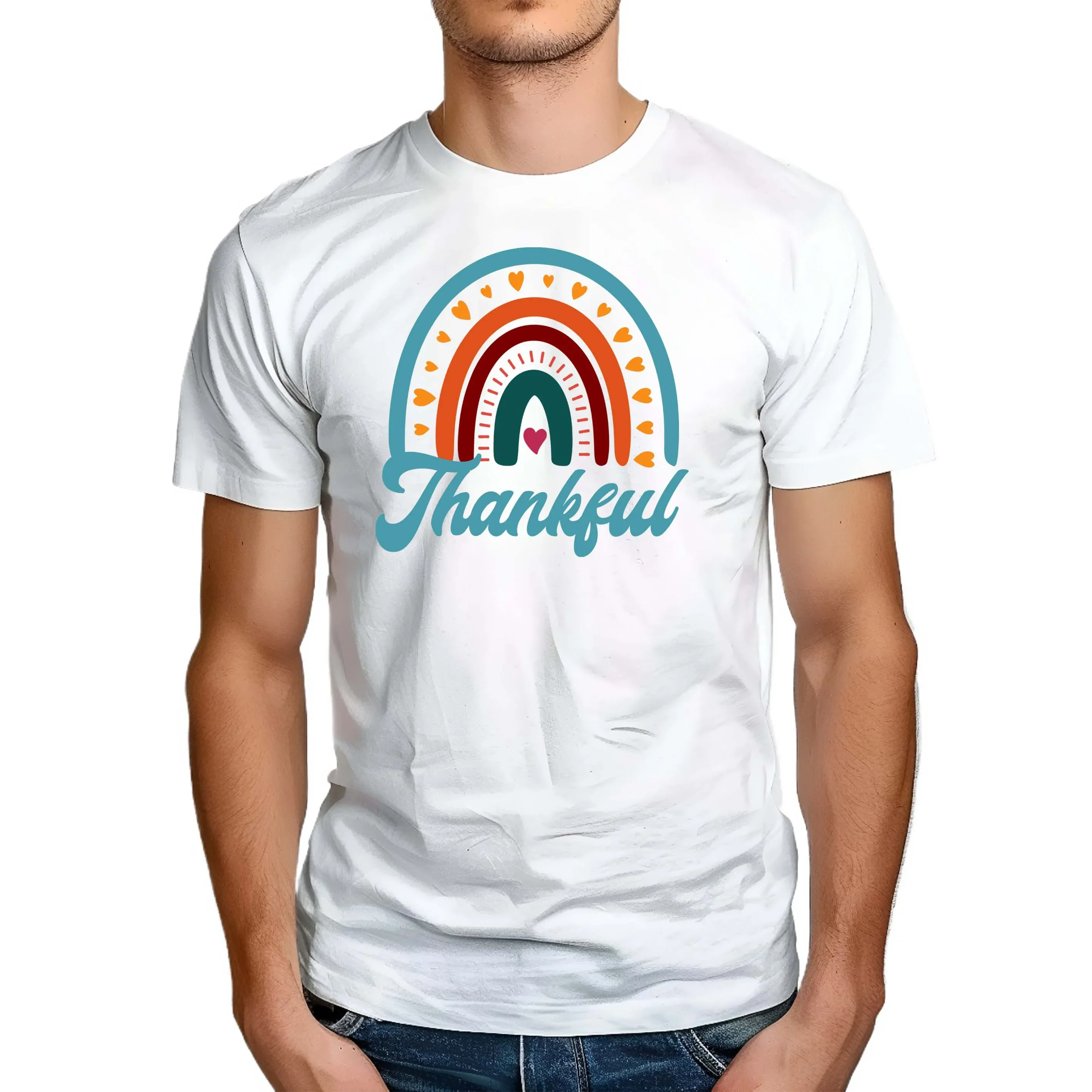 Thankful Rainbow Print Tshirt Design Customized T Shirt Men Women Summer Tees Baggy Graphics Diy Your Own Photo Streetwear Tees