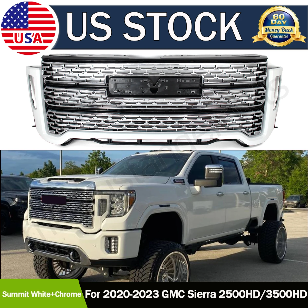 

White & Chrome Front Grille Modified Grill For 2020-2023 GMC Sierra 2500HD 3500HD Denali Front Bumper Upper Grille Hood Grills