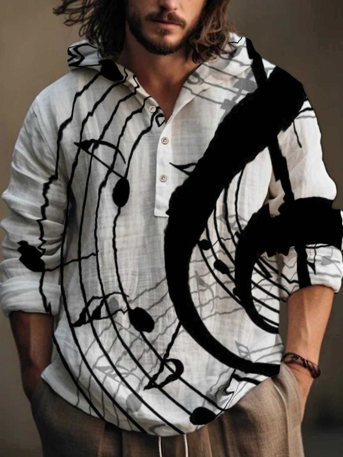 Men Abstract Musical Note Treble Clef Print Hooded Henley Shirt Long Sleeve Half‑Button Loose Fit Music Theme Casual Pullover Sh